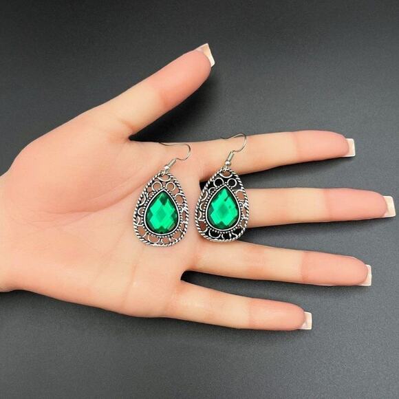 Silver & Emerald-Green Crystal Teardrop Earrings — Elegant Dangle Style - Picture 9 of 9